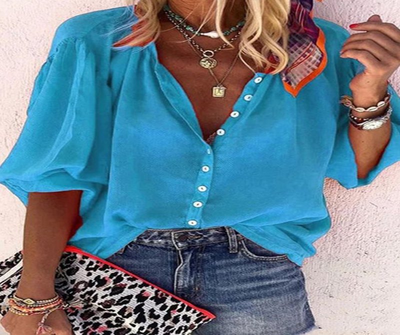 Casual Solid Color Long Sleeve V-Neck Button Blouse