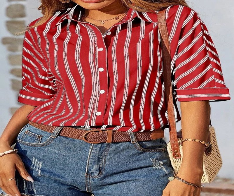 Short Sleeves Stripes Buttoned Casual Blouse