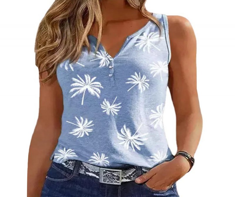 Women's Coconut Tree Print Henley Collar Tank Top