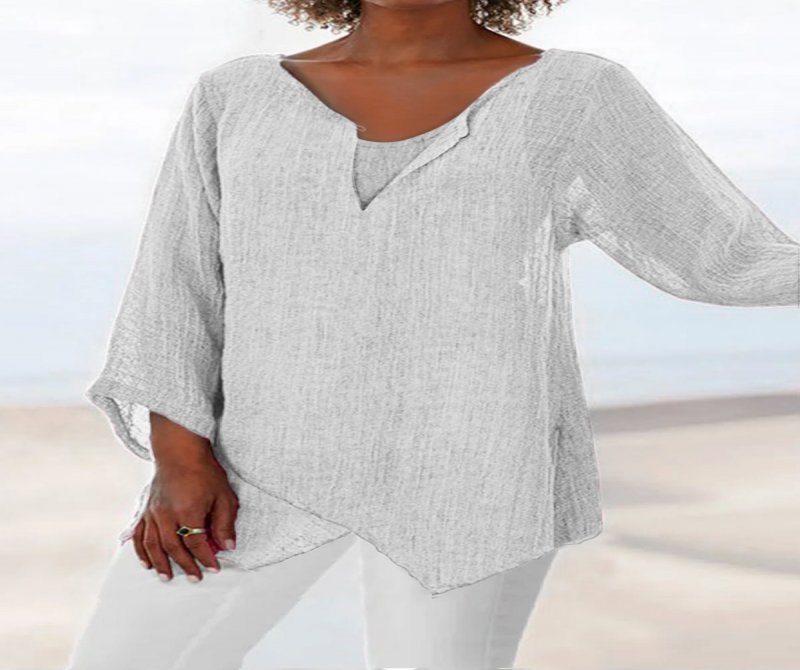 Women's Casual V-Neck Long Sleeve Cotton Linen Top