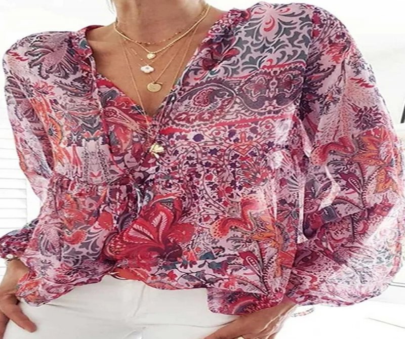 Casual Vintage Print V-Neck Long Sleeve Blouse