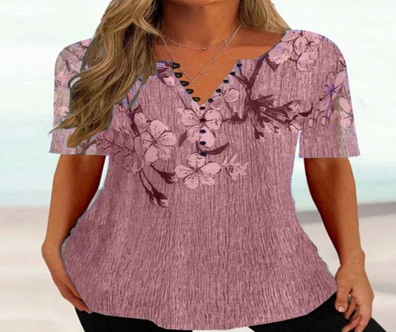 V Neck Short Sleeves Printed Casual Blouses