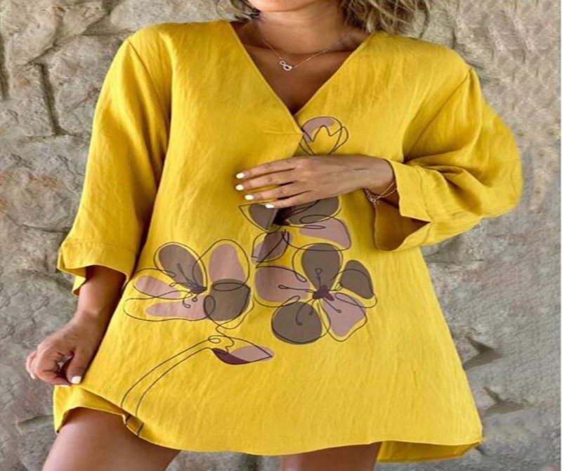 Linen Printed V Neck Long Sleeves Blouse