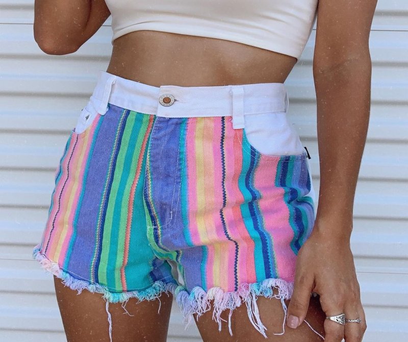 Fashion Color Striped Stitching Denim Shorts