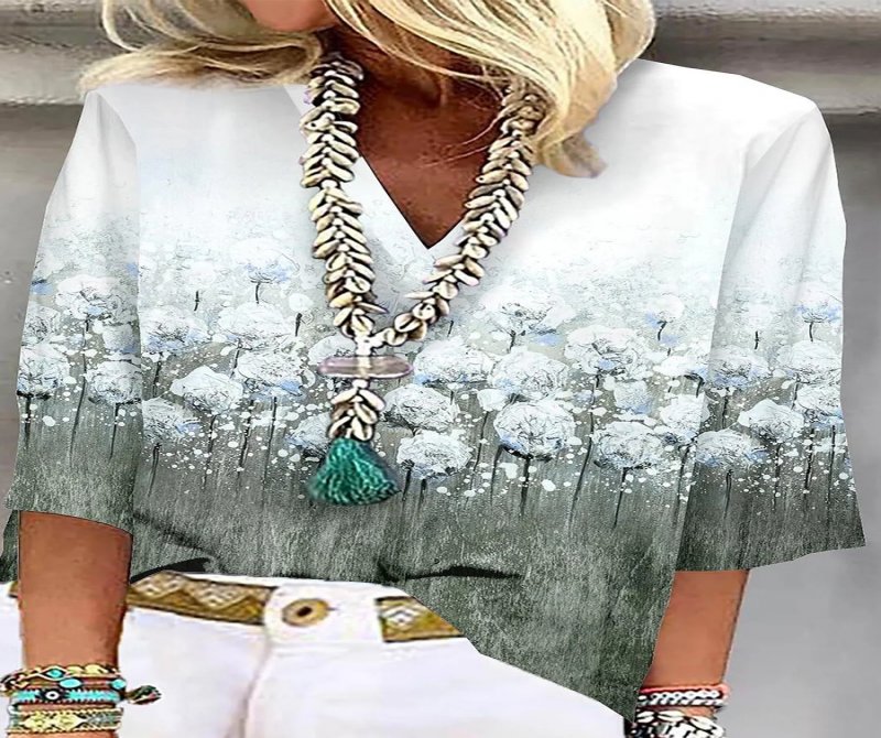 Printed V-neck 3/4 Sleeve Blouses