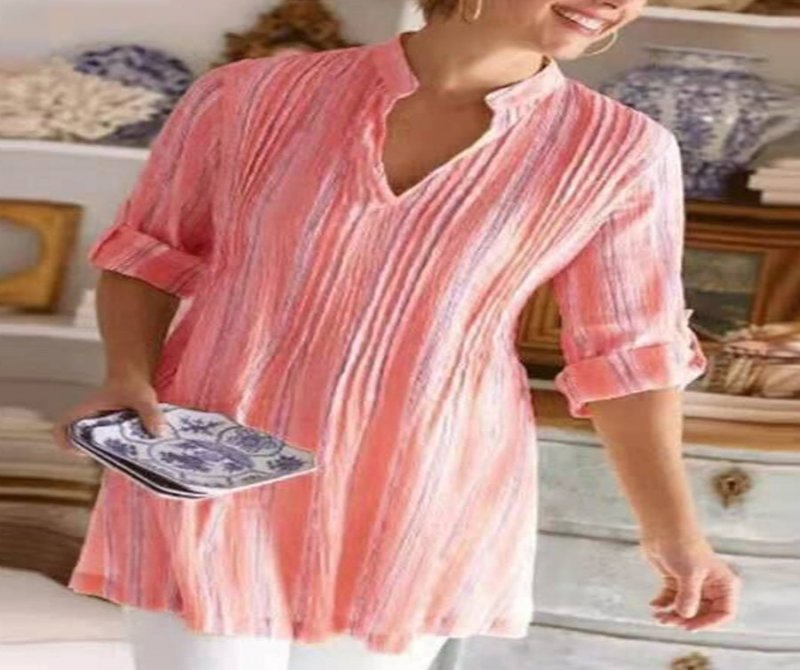 Stripes Long Sleeves V Neck Casual Blouse
