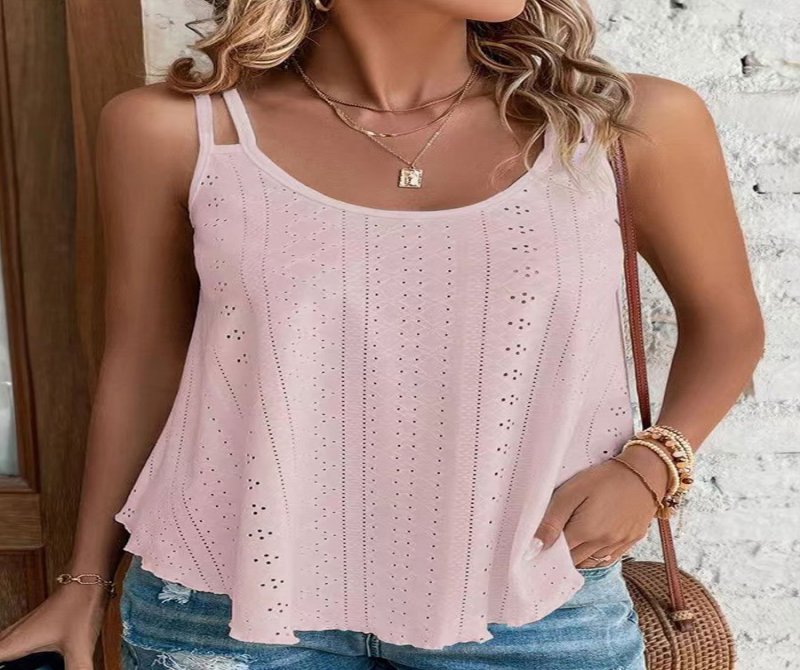 Round Neck Loose Casual Hollow Solid Color Sleeveless T-shirt