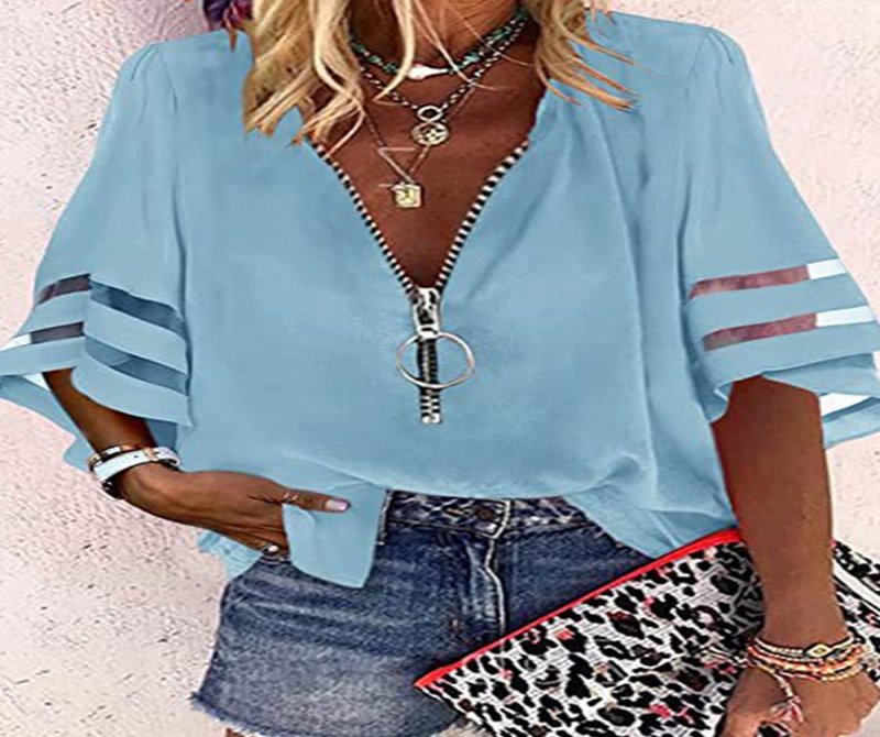 V-neck Zipper Casual Solid Color Mid-sleeve Loose Chiffon Blouse