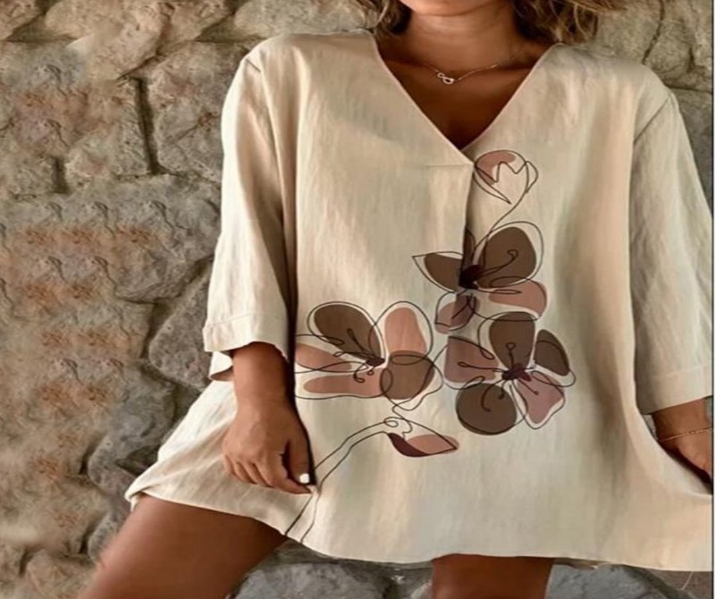 Linen Printed V Neck Long Sleeves Blouse