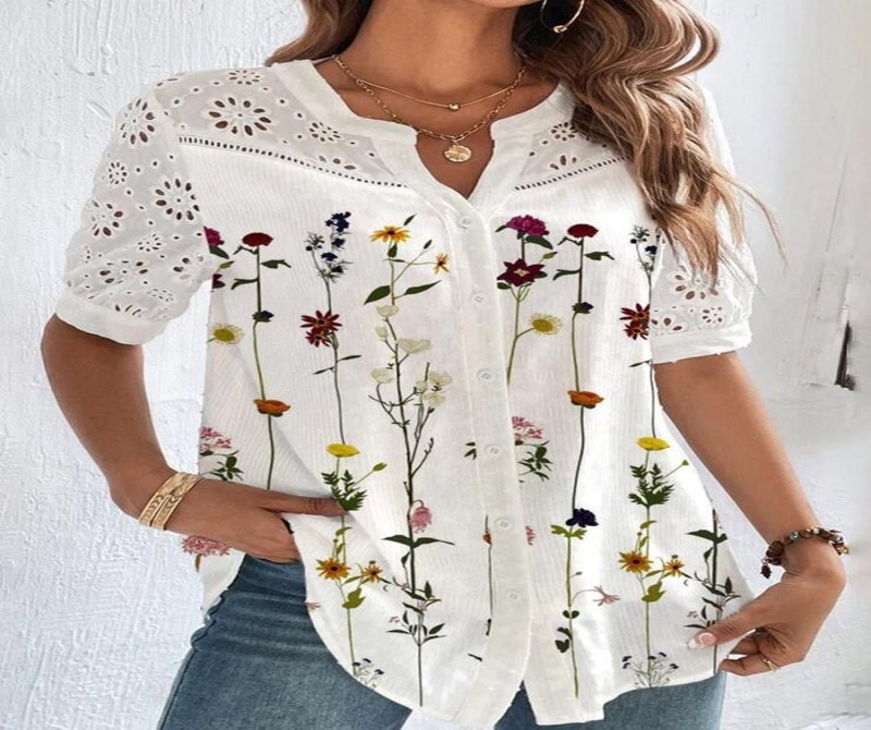 Paneled Lapel Short Sleeve Blouses