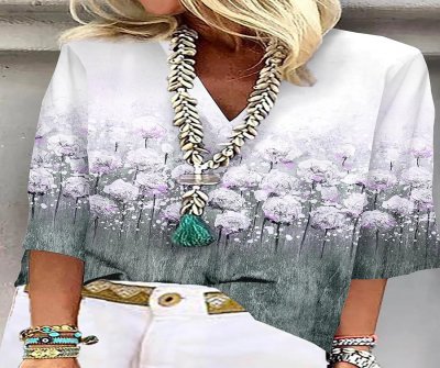 Printed V-neck 3/4 Sleeve Blouses