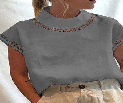 Solid Linen-blend Hollow Out Blouse
