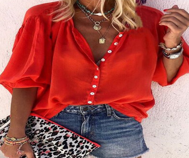Casual Solid Color Long Sleeve V-Neck Button Blouse