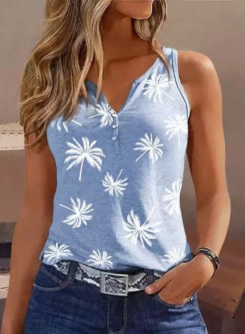 Women's Coconut Tree Print Henley Collar Tank Top