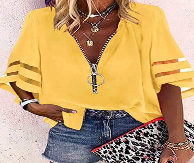 V-neck Zipper Casual Solid Color Mid-sleeve Loose Chiffon Blouse