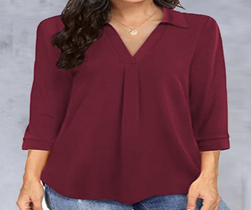 V-neck Solid Color Casual Long-sleeved Blouse