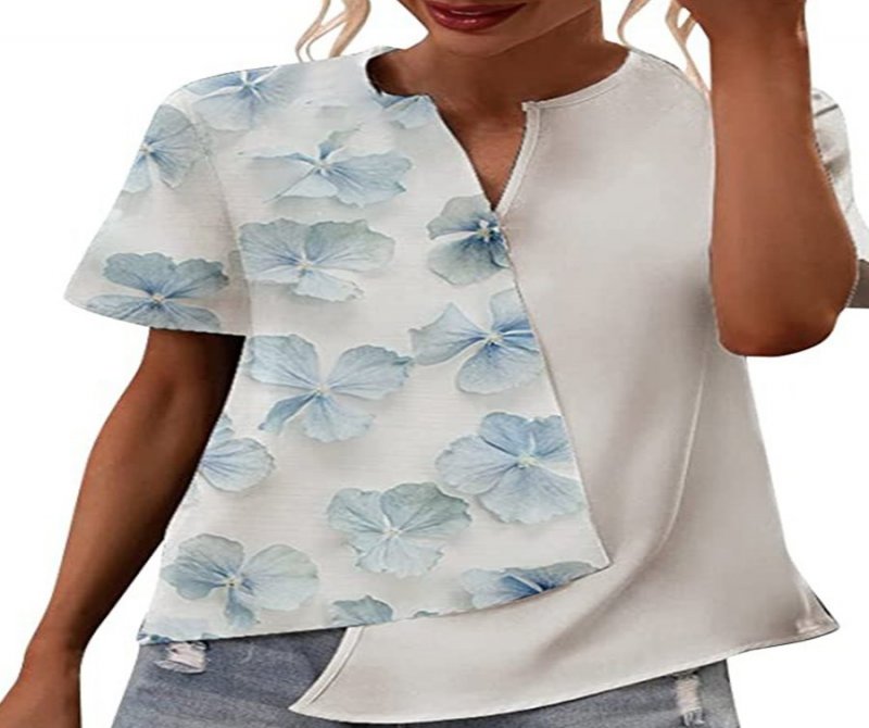 Printed V Neck Printed Asymmetrical Short Sleeve T-shirt