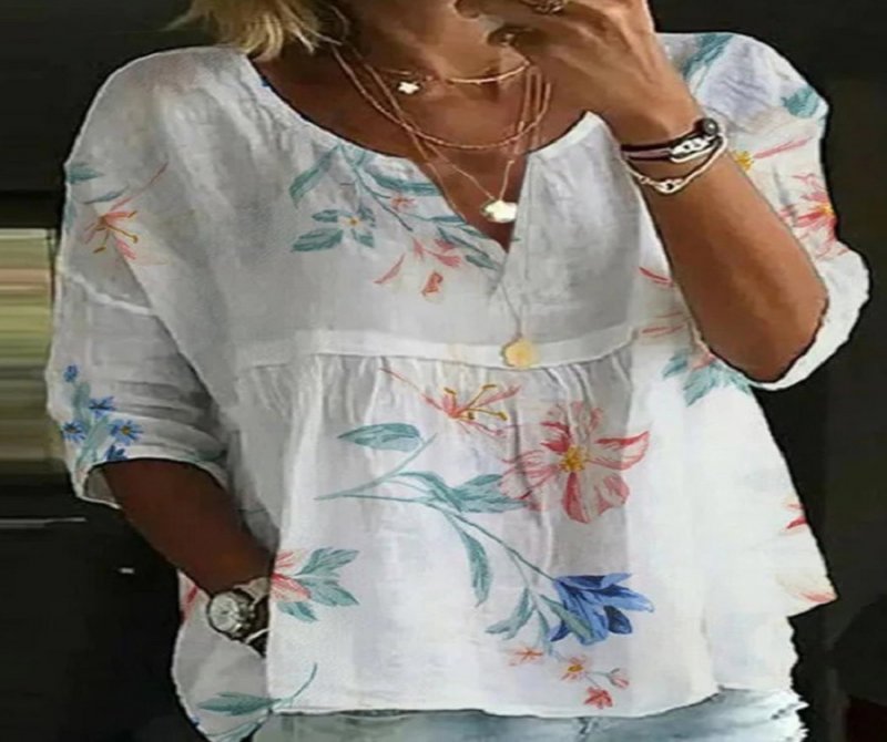 Loose Casual Cotton Linen V-neck Printed Blouses