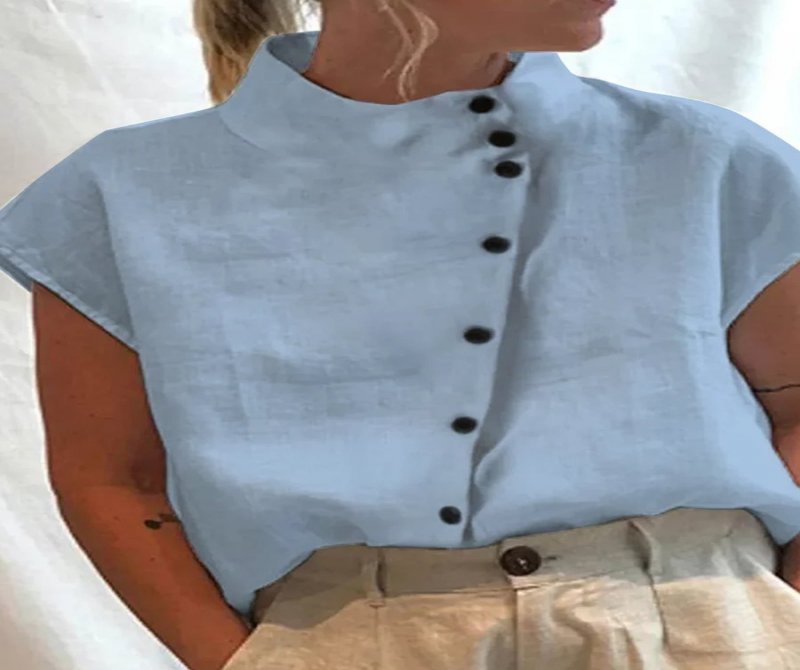 Short Sleeves Buttoned Casual Linne Blend Blouse