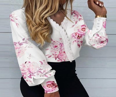 Floral Print Lace Trim Lantern Sleeve Top