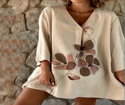 Linen Printed V Neck Long Sleeves Blouse