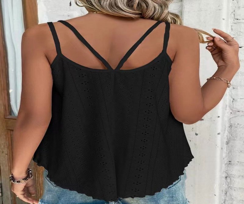 Round Neck Loose Casual Hollow Solid Color Sleeveless T-shirt