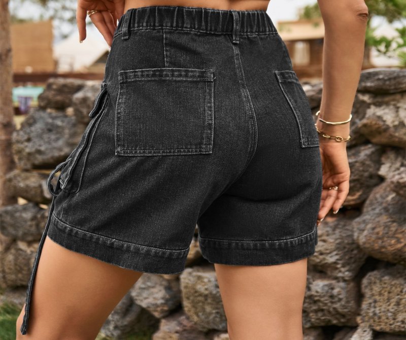 European And American Cross-border Foreign Trade Wish Amazon New American Denim Overalls Casual Pocket Shorts Elastic Waist Women