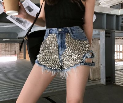 2023 Side Studded Denim Shorts Loose Ripped High Waist Jeans Wide Leg Slimming Ripped Hot Pants Women