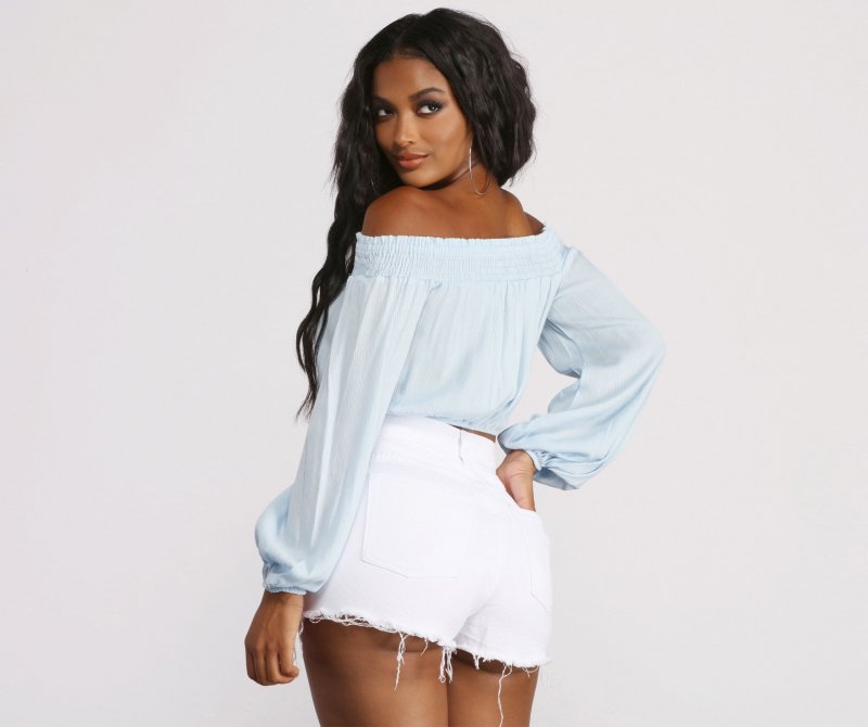 TableClothsUs Off The Shoulder Long Sleeve Gauze Crop Top