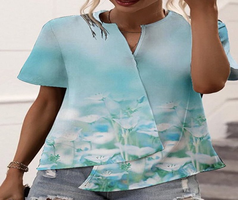 Printed V Neck Printed Asymmetrical Short Sleeve T-shirt