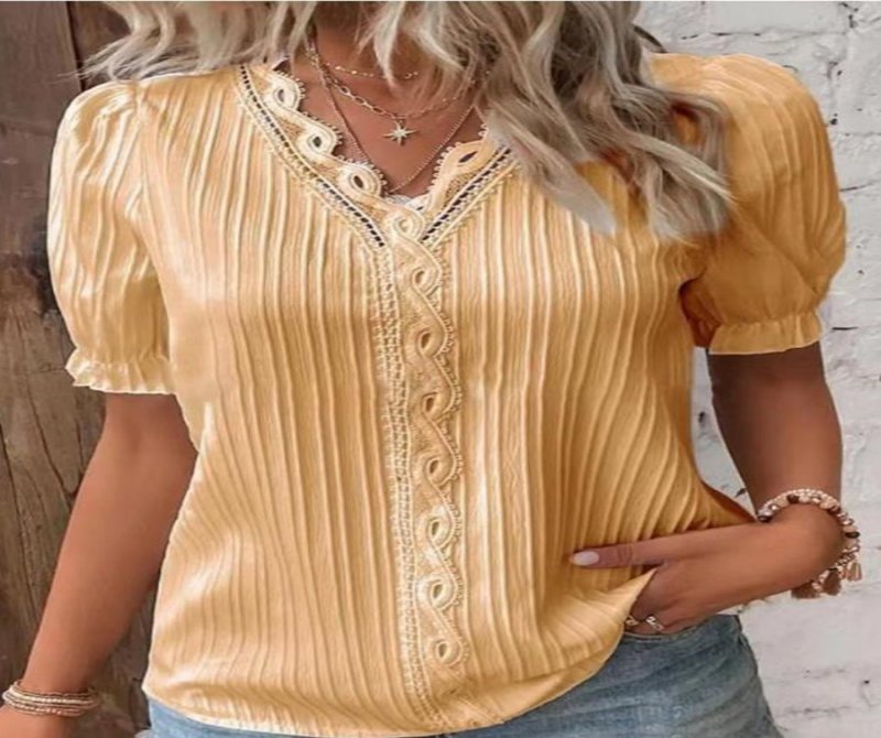 Solid Lace V Neck Short Sleeve Blouses