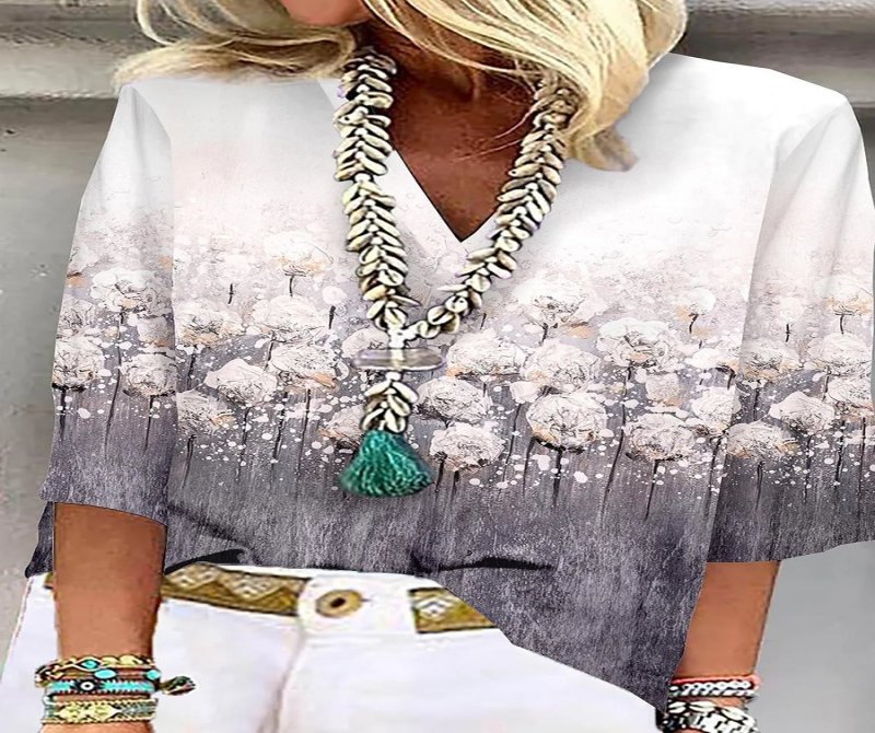 Printed V-neck 3/4 Sleeve Blouses
