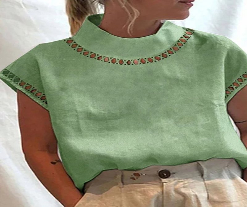 Solid Linen-blend Hollow Out Blouse