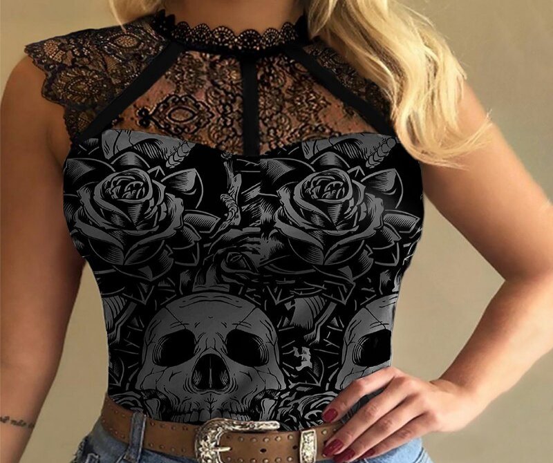 Lace Stitching Skull Print Vest