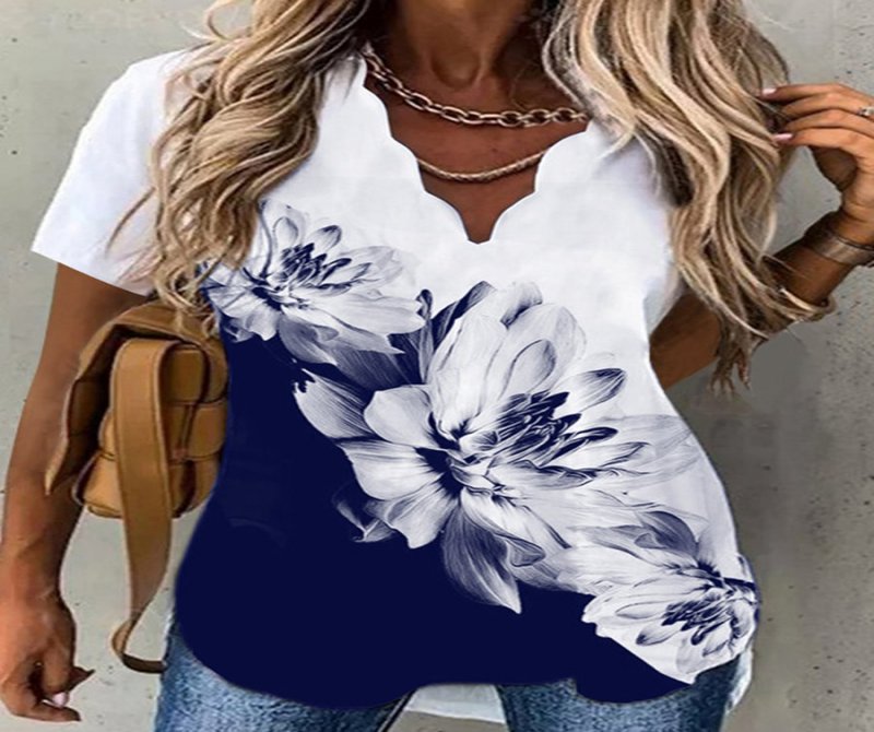 Wave Collar Printed Short Sleeves Blouse