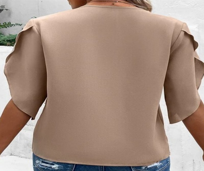 Solid V-neck Lace Cutout Short Sleeves Blouses