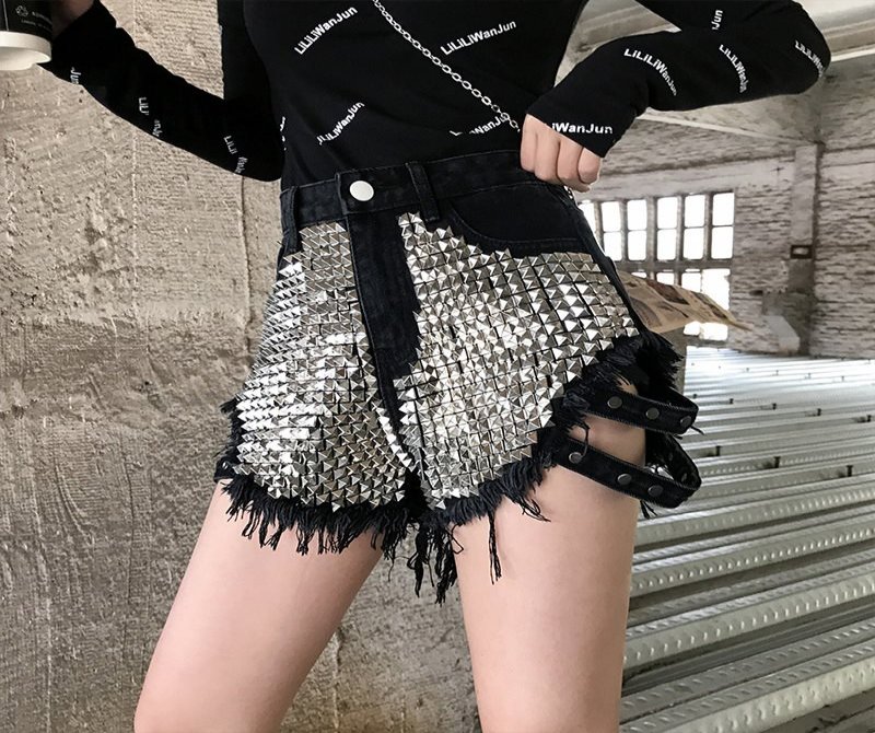 2023 Side Studded Denim Shorts Loose Ripped High Waist Jeans Wide Leg Slimming Ripped Hot Pants Women