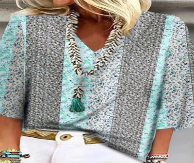 Floral Print V-neck Casual Loose Fitting Blouses