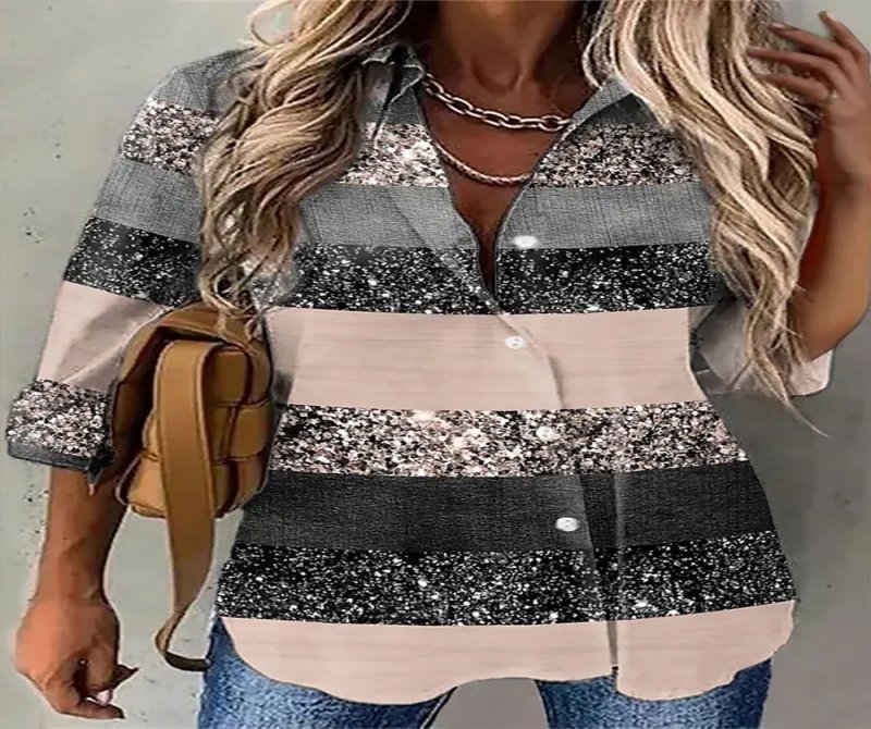 Lapel Printed Long-sleeve Button-down Shirt