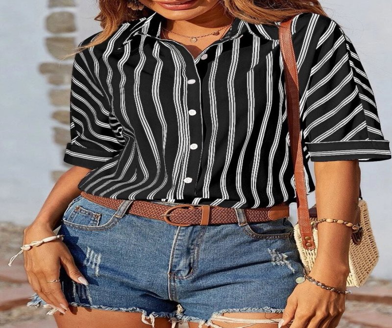 Short Sleeves Stripes Buttoned Casual Blouse