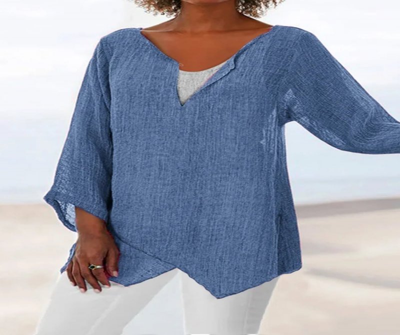 Women's Casual V-Neck Long Sleeve Cotton Linen Top