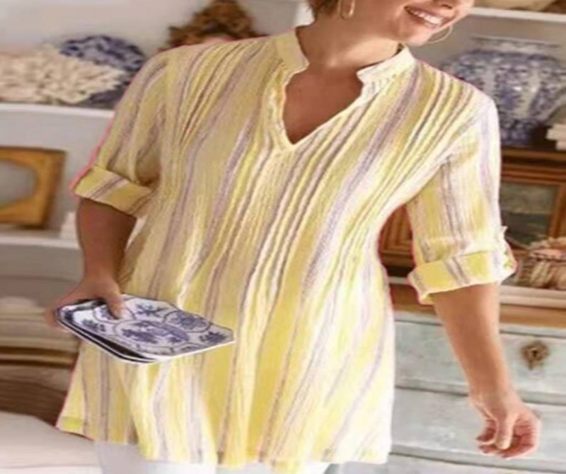 Stripes Long Sleeves V Neck Casual Blouse