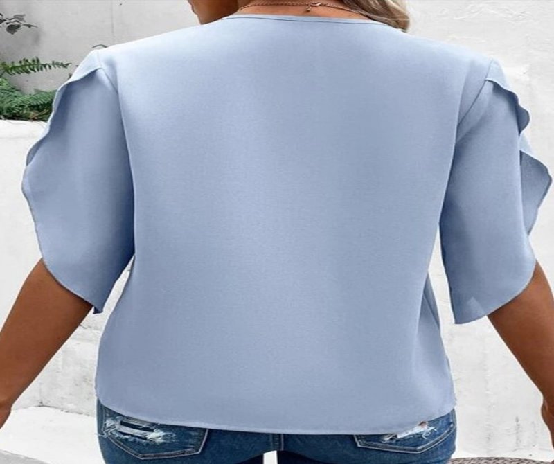 Solid V-neck Lace Cutout Short Sleeves Blouses