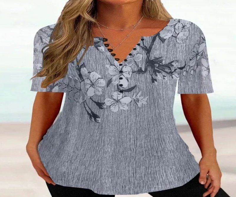V Neck Short Sleeves Printed Casual Blouses