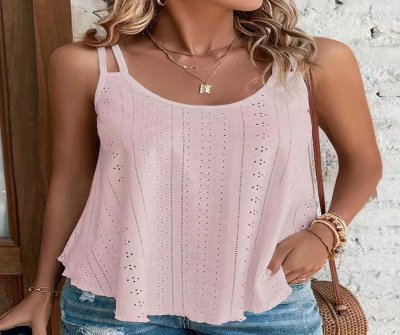 Round Neck Loose Casual Hollow Solid Color Sleeveless T-shirt