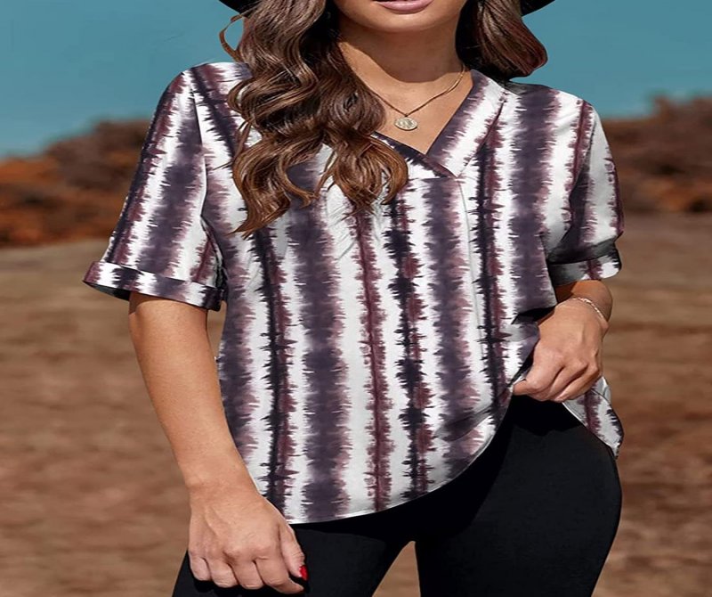 V Neck Short Sleeves Printed Blouse