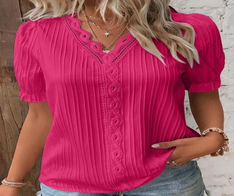 Solid Lace V Neck Short Sleeve Blouses