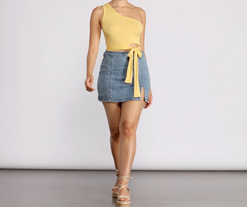 TableClothsUs One Shoulder Tie Waist Crop Top