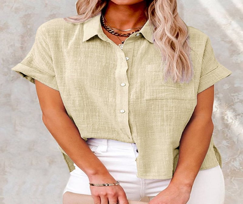 Summer Solid Color Linen Casual Short Sleeve Loosen Blouse