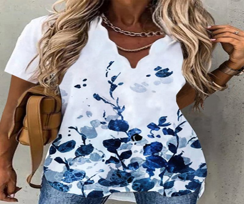 Wave Collar Printed Short Sleeves Blouse